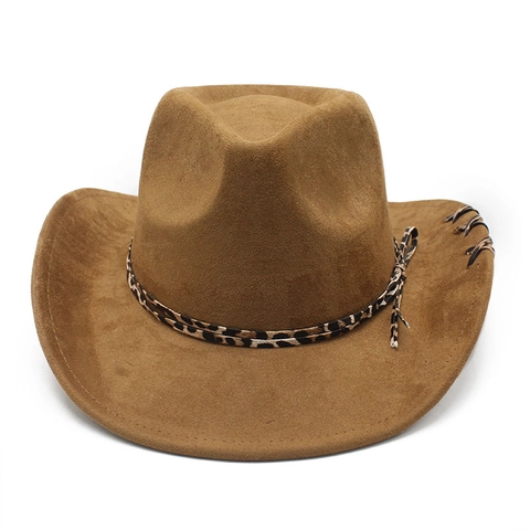 Chapeau De Cow-Boy Occidental En Suédine À Large Bord Avec Bande Imprimée Léopard Style Fedora Jazz Vintage