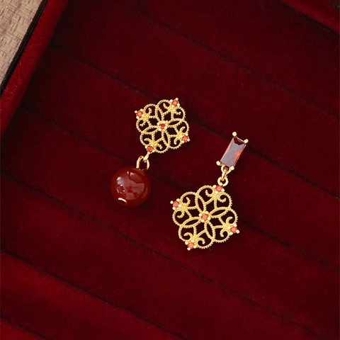 Asymmetrical Flower Drop Earrings With Zircon Hollow Pattern Red Beads Chinese Vintage Style With Silver Earring Post