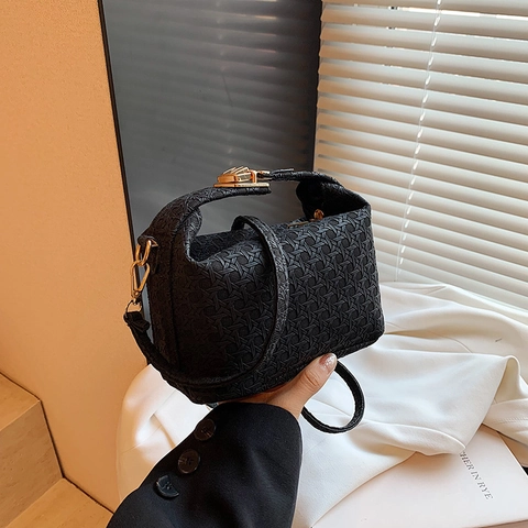 Woven Texture Crossbody Bag PU Leather Mini Handbag With Top Handle Gold Hardware Versatile Shoulder Purse For Women