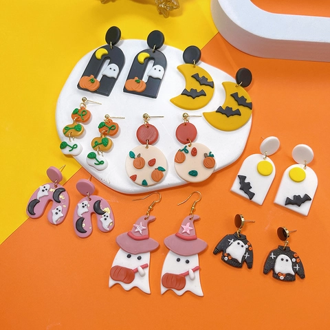 Halloween Polymer Clay Earrings Spooky Ghost Pumpkin Bat Moon Handmade Cartoon Jewelry For Women Festive Party Accessories