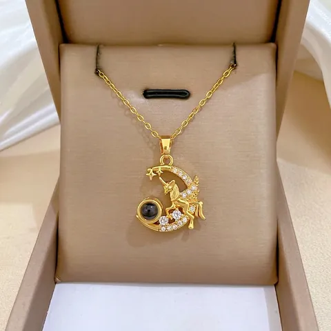 Elegant Gold Stainless Steel Pegasus Unicorn Moon Pendant Necklace With Zircon And Projection Stone Fashion Jewelry For Women