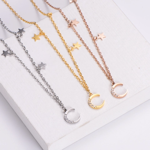 Collana Con Pendente Luna Crescente E Stella Da Donna In Acciaio Inossidabile 316L Zirconia Cubica Gioielli Oro