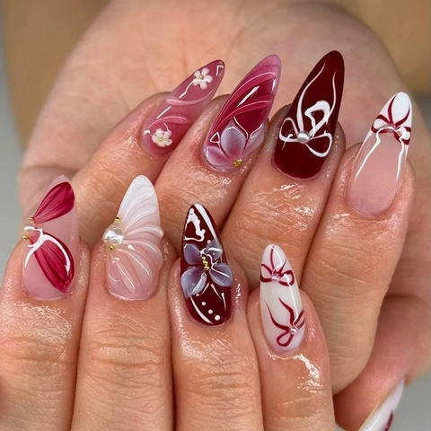 Press On Nails 3D Flower Bow Artificial Pearl Decor Dark Red Almond Shape French Style Elegant Luxury Fake Nails