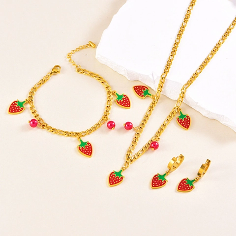 Bijoux Fraise Collier Bracelet Boucles Oreilles Acier Inoxydable Émail Chaîne Figaro Femmes Filles Accessoires