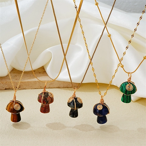 Natural Gemstone Mushroom Pendant Necklace Handmade Stainless Steel Wire Wrapped Bohemian Jewelry For Women