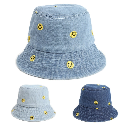Smile Face Embroidered Denim Bucket Hat Retro Cotton Fisherman Cap Sun Protection Breathable Casual For Men Women