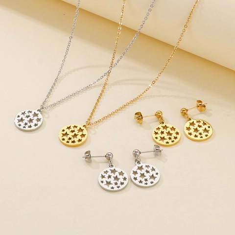 Stainless Steel Jewelry Round Hollow Star Necklace And Stud Earrings Fashion Dainty Style For Women