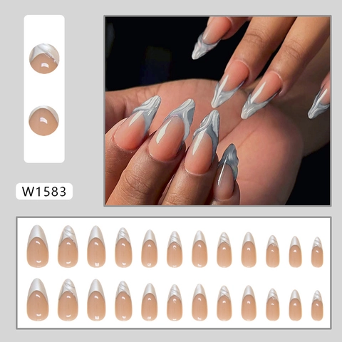 Ongles Autocollants Amande Française Texture Vague Liquide Métallique 3D Faux Ongles Base Rose Nude Plastique ABS Femmes