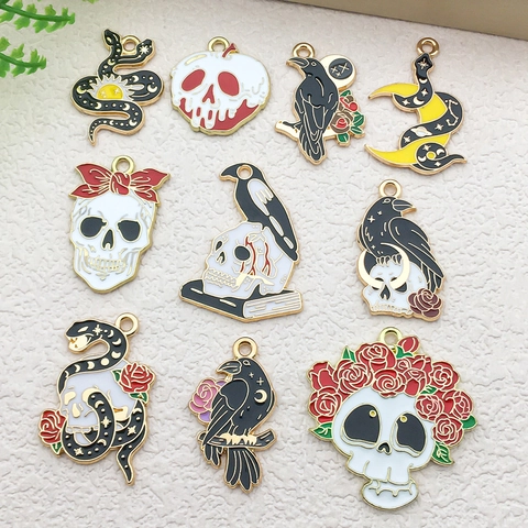 Gothic Halloween Enamel Alloy Charms Pendants Skull Snake Crow Rose Moon Sun For DIY Jewelry Making Necklaces Keychains