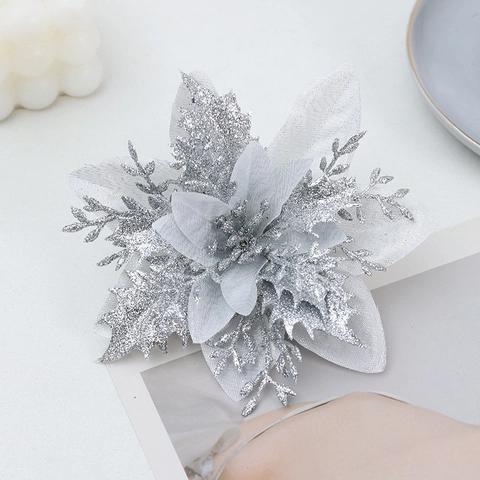Artificial Christmas Poinsettia Flower Head Glitter Silk Fake Flowers For Xmas Tree Wreaths Wedding Party Holiday Decoration