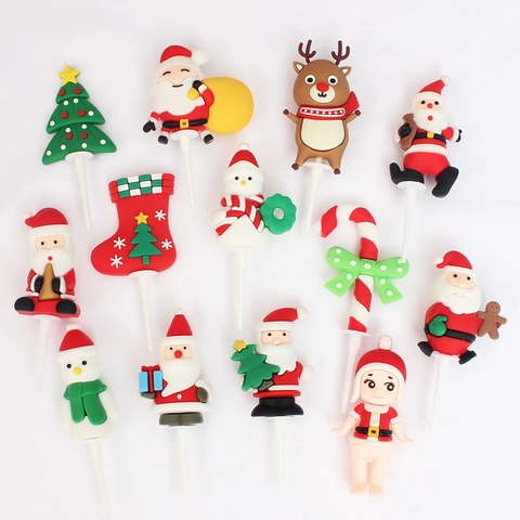 Christmas Cake Toppers PVC Soft Glue Santa Claus Snowman Reindeer Tree For Holiday Party Dessert Decoration Ornaments