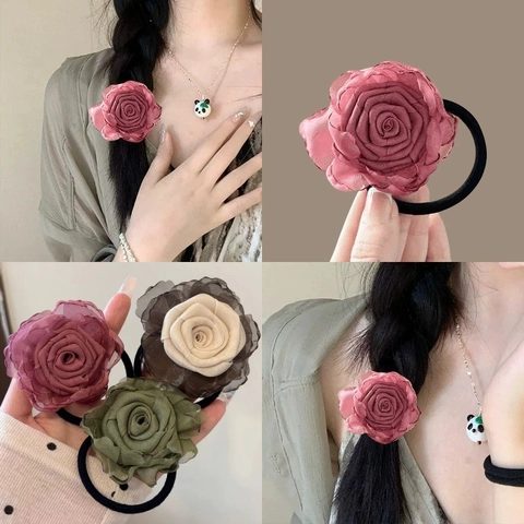 Rose Flower Hair Scrunchies Hair Claw Clips Vintage Fabric Organza Elegant Floral Ponytail Holder Accessories For Women