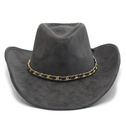 Cappello Da Cowboy Western Pelle PU Tesa Larga Catena Di Metallo Retro Stile Etnico Per Viaggi All Aperto Protezione Solare