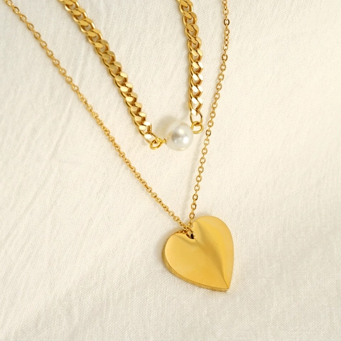 Collana A Doppio Strato In Acciaio Inossidabile Placcato Oro 18K Pendente A Cuore Perla Artificial Bianca Catena Cuban Retro Minimalista Per Donna