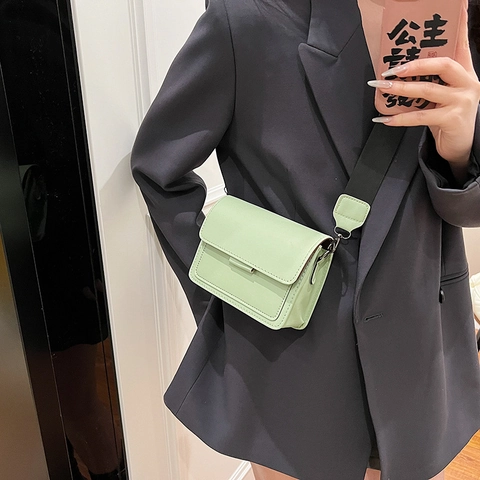 Women Retro PU Leather Crossbody Small Square Bag Minimalist Flap Shoulder Purse With Wide Adjustable Webbing Strap Urban Casual