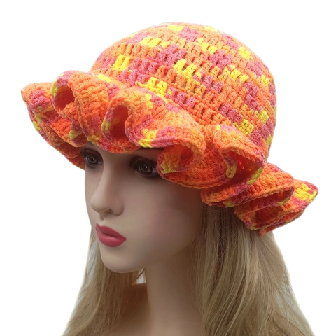 Handmade Crochet Bucket Hat Ruffle Brim Colorful Mixed Acrylic Knit Bohemian Sun Hat For Women Men Casual Holiday