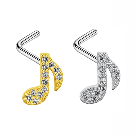 Music Note Copper Rhinestone Nose Stud Minimalist Fashion L-Shaped Piercing Jewelry For Men Women Gold Silver Nose Ring