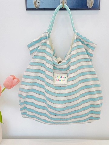 Korean Style Stripe Canvas Tote Bag Large Capacity Women Shoulder Handbag And Small Pouch Cosmetic Organizer