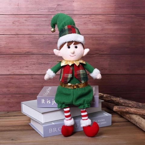 Weihnachtself Plüschpuppe Lange Beine Gestreifte Socken Goldener Gürtel Glocke Dekor Traditionelles Rot Grün Ornament