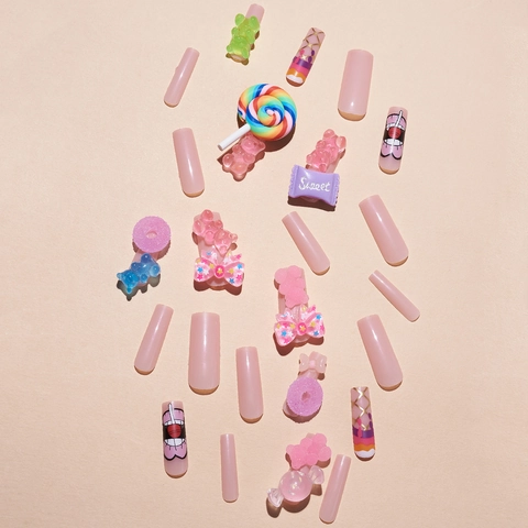 Extra Lange Künstliche Nägel Zum Aufpressen Mit 3D Harz Süßigkeiten Charms Kawaii Cartoon Bär Lollipop Stil Süße Falsche Nägel