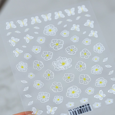Nail Art Stickers White Flower Butterfly Ultra Thin Adhesive Decals Spring Floral Elegant Manicure Decoration