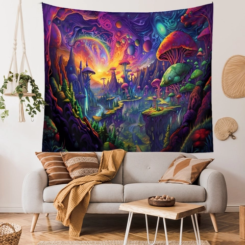 Tapiz Psicodélico Tapiz Pared Poliéster Hongo Calavera Arte Neón Decoración Hogar Para Dormitorio Sala Estar