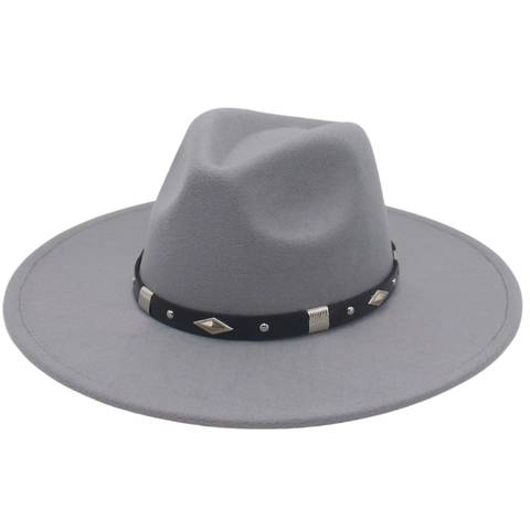 Chapeau Fedora En Feutre De Laine À Bord Large Ceinture Noire Avec Rivets Métalliques Et Décor De Losange Style Jazz Pour Hommes Femmes Mode Rétro