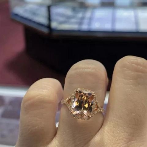 Copper Ring With Rose Gold Plated Champagne Zircon Cushion Cut Halo Design For Women Bridal Engagement Party Jewelry