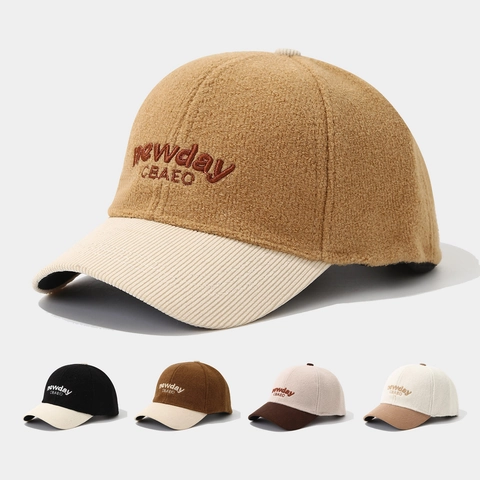 Berretto da Baseball per Bambini in Lana Color Block Visiera in Velluto a Coste Ricamo di Lettere Caldo Inverno Autunno Cappello Casual
