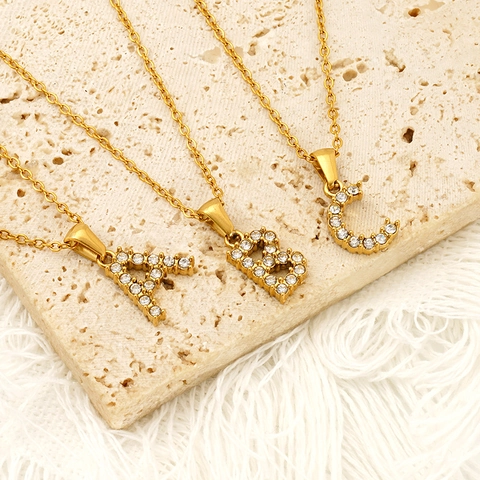 Alphabet Initial Pendant Necklace Zircon Rhinestone Inlaid Gold Plated Titanium Steel Clavicle Chain Jewelry For Women