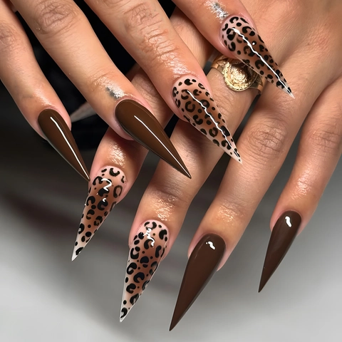 Faux Ongles Leopard Print Long Stiletto Brillant Marron Café Artificiel Pour Femmes Mode Tendance Manucure