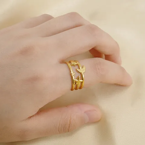 Anillo Estrella Luna Acero Inoxidable Chapado En Oro 18K Multicapa Hueco Joyería Ajustable Estilo INS Vintage Mujer