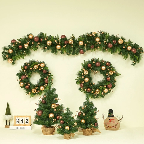 Decoración Navidad Árbol Corona Guirnalda PVC Arpillera Pino Pre Decorado Luz Cálida Estilo Rústico