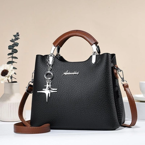 Fashion Women Handbag Litchi Pattern PU Leather Shoulder Bag With Star Pendant Elegant Large Capacity For Daily Use
