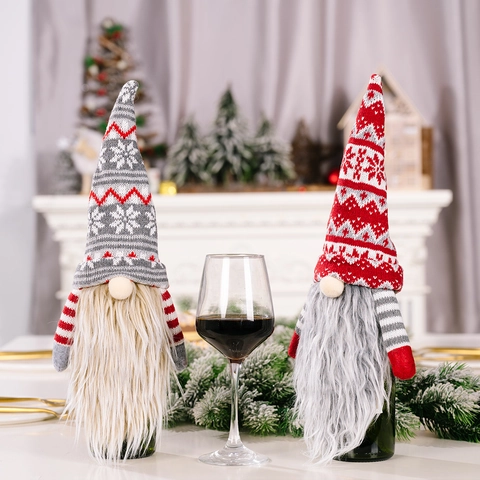 Christmas Gnome Wine Bottle Covers Knitted Faceless Doll Tomte Swedish Holiday Table Decor Long Beard Handmade Party Gift