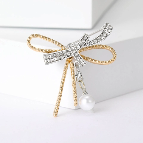 Elegante Spilla A Fiocco Per Donna In Lega Con Strass E Pendente Di Perla Artificial Accessorio Gioielli Di Moda