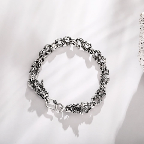 Men Double Dragon Head Bracelet Alloy Antique Silver Finish Punk Streetwear Style Vintage Exaggerated Jewelry