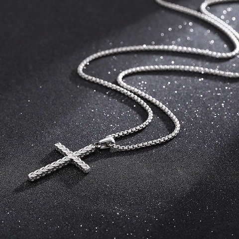 Collana Con Pendente A Croce Acciaio Inossidabile Texture Spazzolata Catena A Scatola Gioielli Streetwear Hip Hop Uomo