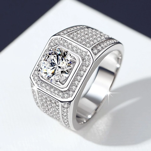 Herren Luxusring 925 Sterling Silber Moissanit Zirkon Quadratisch Pave Bling Business Schmuck