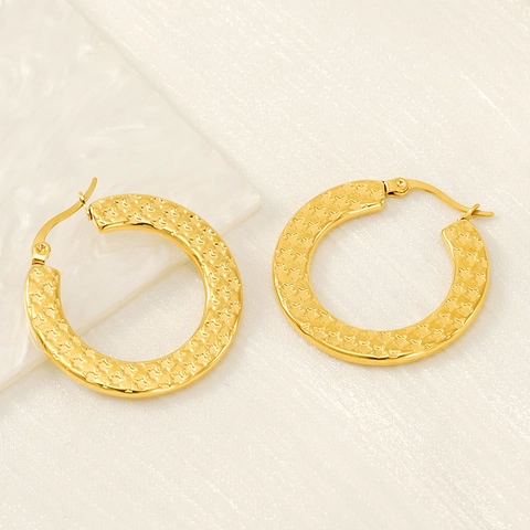 Hoop-Ohrringe 18K Vergoldeter Edelstahl Sternmuster Texturiert Übertrieben Retro Mode Für Frauen