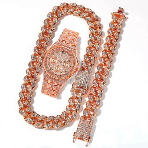 Iced Out Hip Hop Luxury Men Jewelry Watch And Necklace And Bracelet With Alloy Rhinestones Sparkling Fashion Accessories