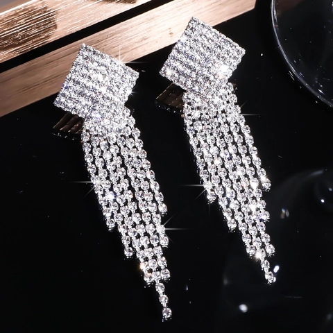 Elegant Copper Long Tassel Drop Earrings With Rhinestone Inlaid Geometric Square Dangle Earrings For Wedding Party Women Jewelry