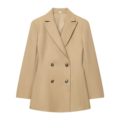 Polyester Twill Blazer En Broek Met Wijde Pijpen Elegant Professioneel Kantoor Streetwear Dames Double Breasted Revers Hoge Taille