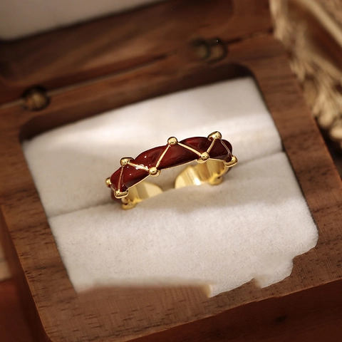 Anello Aperto Vintage Rame Placcato Oro Smalto Rosso Geometrico Trama Plaid Gioielli Regolabili Per Donne