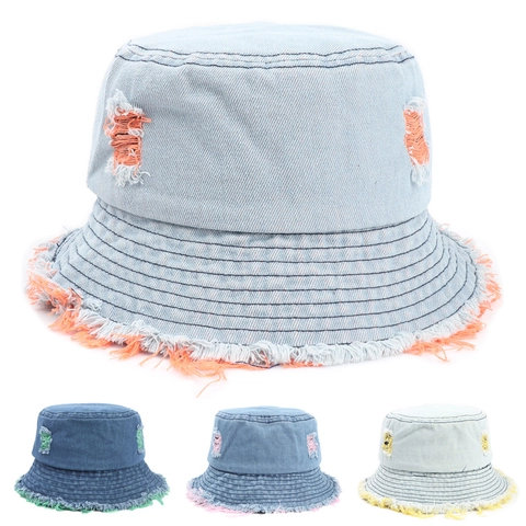 Cappello Alla Pescatora Denim Lavato Cotone Distressed Bordo Sfilacciato Colorato Protezione Solare Streetwear Retro Donna