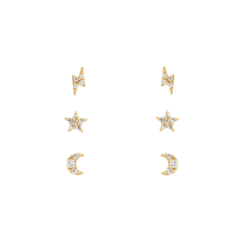 Star Moon Lightning Stud Earrings Brass Gold Plated Zircon Celestial Jewelry With Silver Earring Post For Women