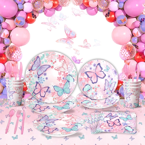Roze Vlinder Bloemen Party Decoraties Set Lente Thema Verjaardag Benodigdheden Wegwerp Papieren Borden Bekers Servetten Tafelkleed Banner Ballonnen Cake Topper