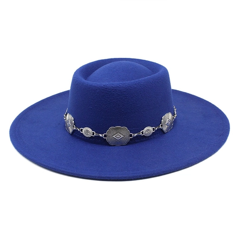 Breitkrempiger Fedora Hut Filz Flacher Kopf Metallkette Dekorative Westlicher Bohemien Stil Vintage Für Damen Herren