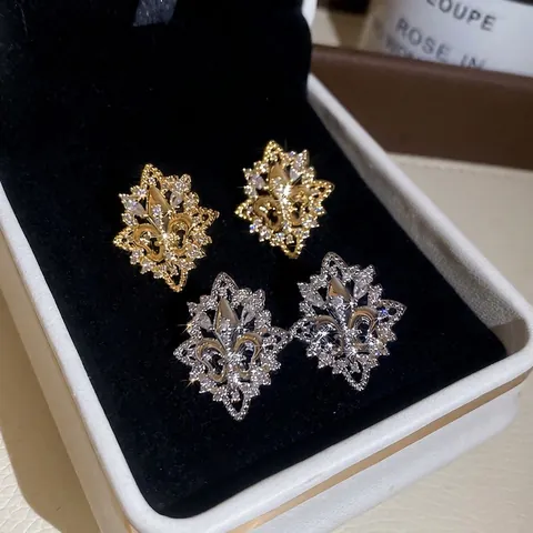 Vintage Fleur-de-lis Ohrstecker Gold Vergoldet Kupfer Mit 925 Sterling Silber Stecker Zirkon Raute Französischer Stil
