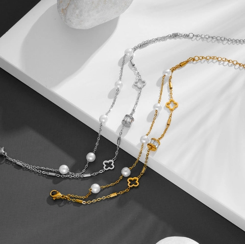 Layered Titanium Steel Bracelet Women With Faux Artificial Pearls Hollow Clover Charm Zircon Cylinder Bead Elegant Fashion Jewelry